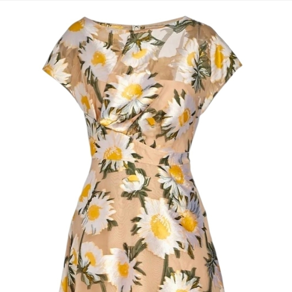 Lela Rose Sunflower Print Beige Midi Dress Boatneck Draped Bodice MSRP $1890 NWT - Picture 12 of 16